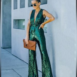 Dancing On Air Sequin Jumpsuit - Forest Green